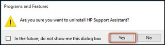 Confirmation screen to uninstall HP Support Assistant.