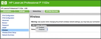 Enabling wireless on the Networking tab in HP Utility